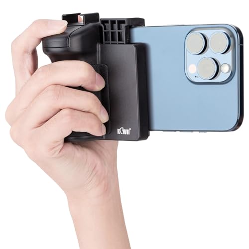 KIWIFOTOS Smartphone Wireless Fernbedienung mit Handgriffhalter Stabilisator für Selfie Vlog Video Kompatibel mit iPhone XS X XR 8+ 8 7+ 7 6S + 6S Galaxy Mate MI usw. Mobil mit 59-85mm Breite von KIWIFOTOS