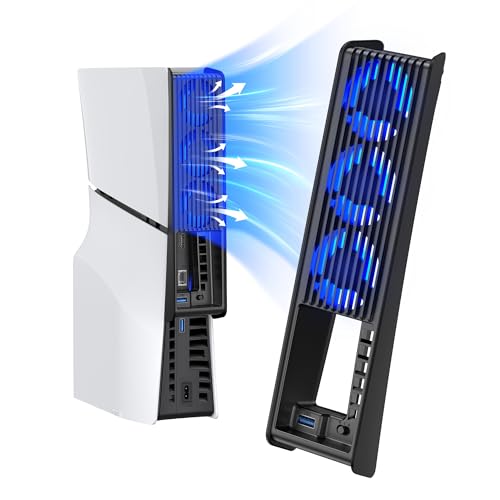 Lüfter für PS5 Slim, PS5 Slim Lüfter mit automatischer Geschwindigkeitseinstellung, leiseres Kühlzubehör mit LED-Licht und USB3.0-Hubs, für PS5 Slim Disc & Digital Editions, Nicht Für PS5 Pro(Schwarz) von KIWIHOME