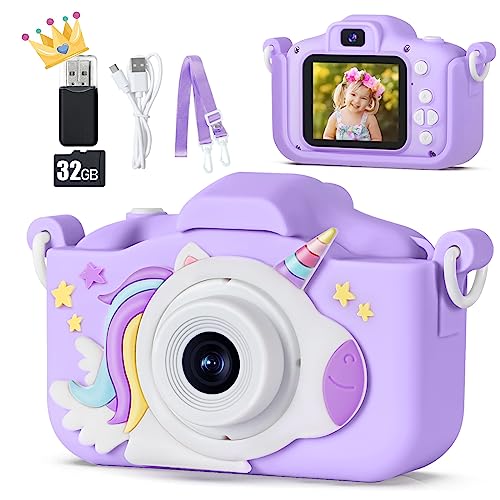 48 MP Kinderkamera für Mädchen Jungen 3-12 Jahre, 1080P Digitalkamera Spielzeug Kinder Kamera, Spielzeug Geschenk für 3 4 5 6 7 8 9 10 Jahre Mädchen, 32 GB SD-Karte und Einhorn Silikonhülle (Lila) von KIZJORYA