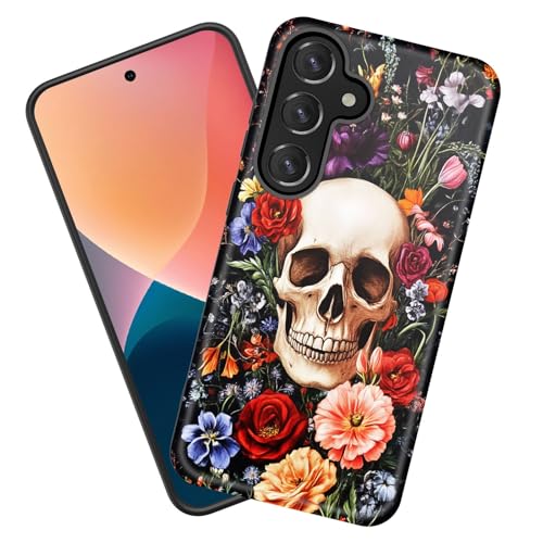 KJFHDJFDH Schutzhülle für Galaxy A26 5G, strapazierfähig, stoßfest, weiches Silikongummi und Hartplastik, Hybrid-Schutzhülle für Samsung Galaxy A26 5G 17 cm (6,7 Zoll) 2025, floraler Totenkopf von KJFHDJFDH