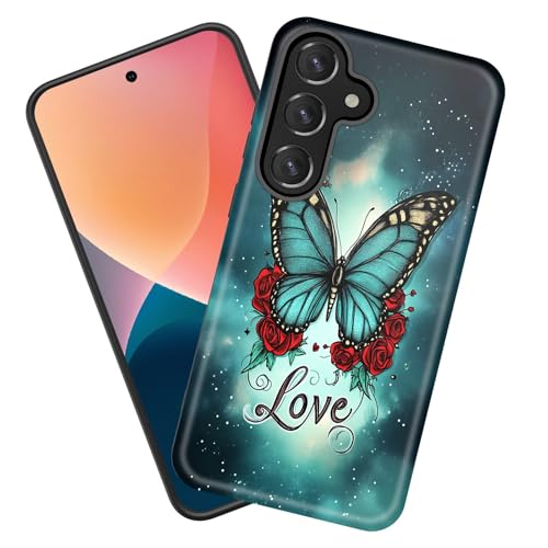 KJFHDJFDH Schutzhülle für Galaxy A56 5G, strapazierfähig, stoßfest, weiches Silikongummi und Hartplastik, Hybrid-Schutzhülle für Samsung Galaxy A56 5G 17 cm (6,7 Zoll) 2025, Schmetterling, rote Rose von KJFHDJFDH