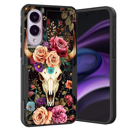KJFHDJFDH Schutzhülle für Galaxy S25 Edge, zweilagig, Hybrid, strapazierfähig, stoßfest, harter PC + weiche Silikon-Schutzhülle für Samsung Galaxy S25 Edge 2025, Hirschschädel und Blume von KJFHDJFDH