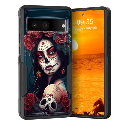 KJFHDJFDH Schutzhülle für Pixel 8a, zweilagig, Hybrid, strapazierfähig, stoßfest, harter PC + weiche Silikon-Schutzhülle für Google Pixel 8a 15,4 cm (6,1 Zoll) 2024, Totenkopf-Rosen-Mädchen von KJFHDJFDH