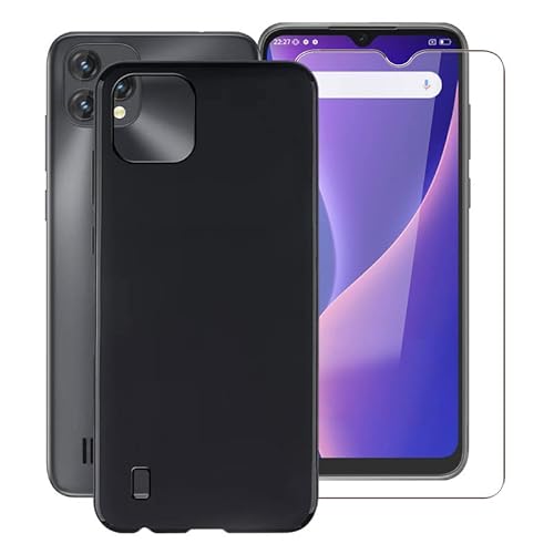 KJYF Handyhülle für Blackview Oscal C60 4G (6,53"), Weiche Silikon TPU Hülle Stoßfest Kratzfest Schutzhülle Cover mit 1 Stück Gehärtetem Glas für Blackview Oscal C60 4G - Schwarz von KJYF