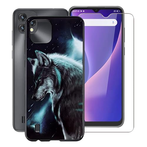 KJYF Handyhülle für Blackview Oscal C60 4G (6,53"), Weiche Silikon TPU Hülle Stoßfest Kratzfest Schutzhülle Cover mit 1 Stück Gehärtetem Glas für Blackview Oscal C60 4G - Weltraumwolf von KJYF