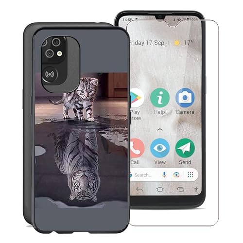 KJYF Handyhülle für Doro 8100 (6,1"), Weiche Silikon TPU Hülle Stoßfest Kratzfest Schutzhülle Cover mit 1 Stück Gehärtetem Glas Schutzfolie für Doro 8100 - Katze und Tiger von KJYF