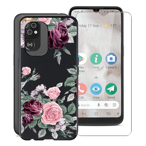 KJYF Handyhülle für Doro 8100 (6,1"), Weiche Silikon TPU Hülle Stoßfest Kratzfest Schutzhülle Cover mit 1 Stück Gehärtetem Glas Schutzfolie für Doro 8100 - Rose Flower von KJYF