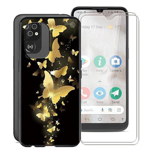 KJYF Handyhülle für Doro 8100 Plus (6,1"), Weiche Silikon TPU Hülle Stoßfest Kratzfest Schutzhülle Cover mit 2 Stück Gehärtetem Glas Schutzfolie für Doro 8100 Plus - Gold Schmetterling von KJYF