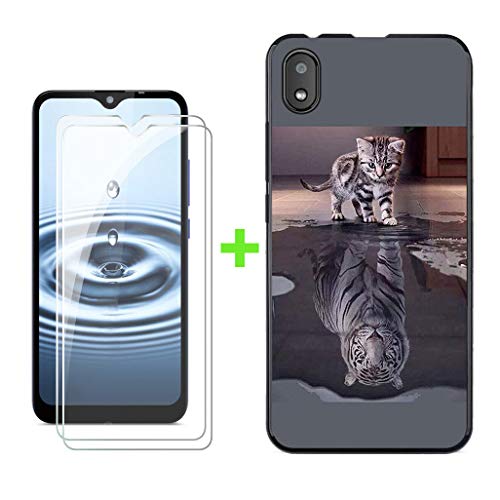 KJYF Hülle Schutzhülle Schwarz Bumper Cover TPU + 2 Stück Schutzfolie für Gigaset GS110 (6.10"), Film Gehärtetem Glasfolie + Silikon Schale Case Handyhülle - Katze und Tiger von KJYF