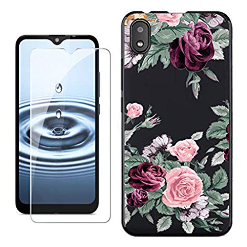 KJYF Hülle Schutzhülle Schwarz Bumper Cover TPU + Schutzfolie für Gigaset GS110 (6.10"), Film Gehärtetem Glasfolie + Silikon Schale Case Handyhülle - Rote Rose von KJYF