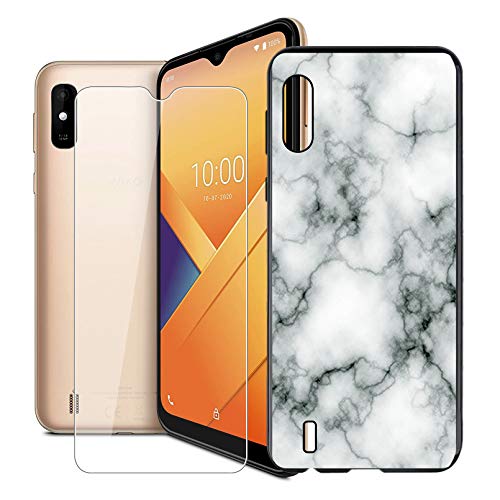 KJYF Hülle Schutzhülle Schwarz Bumper Cover TPU + Schutzfolie für Wiko Y81 (6.2"), Film Gehärtetem Glasfolie + Silikon Schale Case Handyhülle - Marmor von KJYF