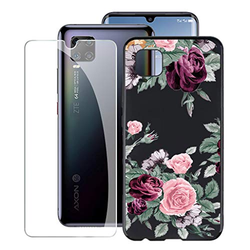 KJYF Hülle Schutzhülle Schwarz Bumper Cover TPU + Schutzfolie für ZTE Axon 11 5G (6.47"), Film Gehärtetem Glasfolie + Silikon Schale Case Handyhülle - Rote Rose von KJYF