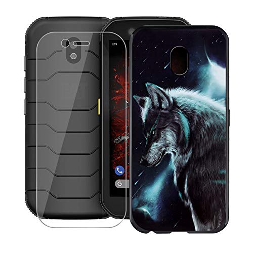 KJYF Hülle Schutzhülle Schwarz Bumper TPU Cover + Schutzfolie für Cat S42 (5.5"), Gehärtetem Glasfolie + Silikon Schale Case Handyhülle - Einsamer Wolf von KJYF