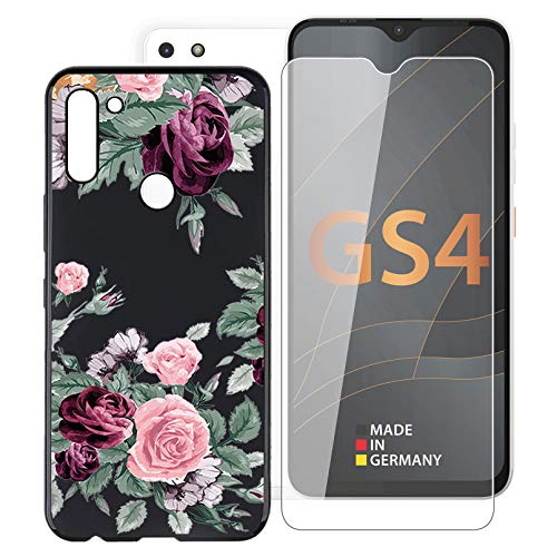 KJYF Hülle Schutzhülle Schwarz Bumper TPU Cover + Schutzfolie für Gigaset GS4 Senior (6.3"), Gehärtetem Glasfolie + Silikon Schale Case Handyhülle - Rote Rose von KJYF