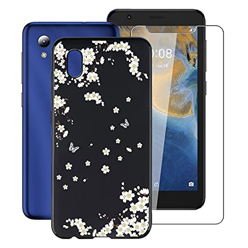 KJYF Hülle Schutzhülle Schwarz Bumper TPU Cover + Schutzfolie für ZTE Blade A31 Lite (5.00"), Gehärtetem Glasfolie + Silikon Schale Case Handyhülle - Bergblume von KJYF