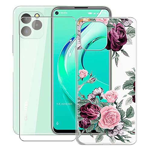 KJYF Hülle Schutzhülle Transparent Bumper TPU Cover + Panzerglas Schutzfolie für Oukitel C21 Pro (6.39 Zoll), Film Panzerglasfolie + Silikon Schale Case Handyhülle - Rote Rose von KJYF