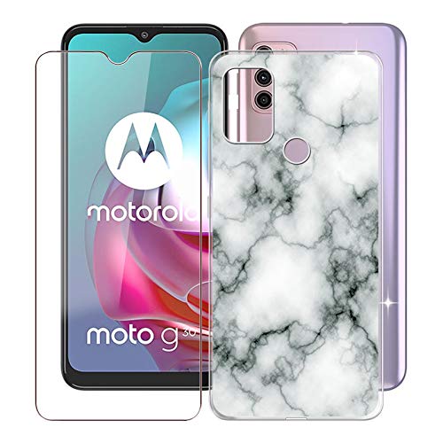 KJYF Hülle Schutzhülle Transparent Bumper TPU Cover + Schutzfolie für Motorola Moto G30 (6.5 Zoll), Film Gehärtetem Glasfolie + Silikon Schale Case Handyhülle - Marmor von KJYF