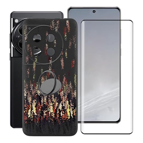 KJYFOANI Handyhülle Schwarz für OnePlus 12 (6.82"), Weiche Schutzhülle + 1 Stück Gehärtetem Glas Schutzfolie, 360° Drehbar Handy-Ringhalter Cover für OnePlus 12 - Schatten von KJYFOANI