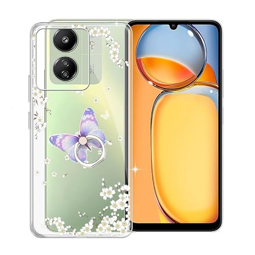 KJYFOANI Handyhülle für Xiaomi Poco C65 Hülle, Transparent Weiche Silikon Tasche Cover mit 360° Drehbar Handy-Ringhalter, Stoßfeste Schale Schutzhülle für Xiaomi Poco C65 (6.74") - Blühend von KJYFOANI