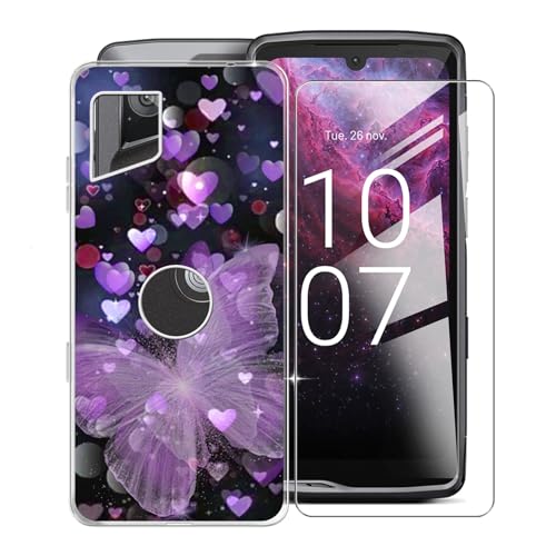 KJYFOANI Hülle für Crosscall Stellar M6 (6.1"),1 Stück Gehärtetem Glas Schutzfolie, Transparent Weiche Silikon TPU Schutzhülle Kratzfest Handyhülle für - Lila Schmetterling von KJYFOANI