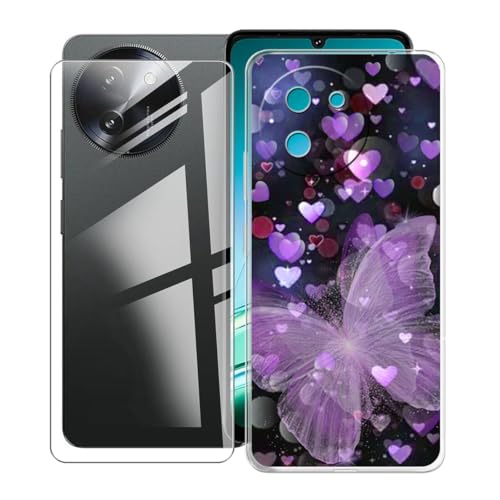KJYFOANI Hülle für Doogee Note 59 pro Plus (6.75"),1 Stück Gehärtetem Glas Schutzfolie, Transparent Weiche Silikon TPU Schutzhülle Kratzfest Handyhülle für - Lila Schmetterling von KJYFOANI