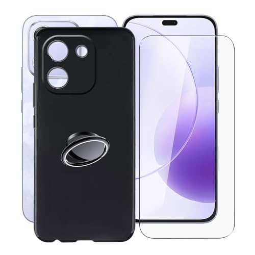 KJYFOANI Hülle für Honor X70i (6.70") Handyhülle+1 Stück Schutzglas Gehärteter Film,Schwarz Weiche Silikon Schutzhülle mit Handy-Ringhalter Hülle - Schwarz von KJYFOANI