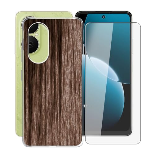 KJYFOANI Hülle für Huawei Enjoy 80 (6.67") + 1 Stück Gehärtetem Glas Schutzfolie, Transparent Weiche Silikon TPU Schutzhülle - Kratzfest Handyhülle für Huawei Enjoy 80 - Holzstil von KJYFOANI