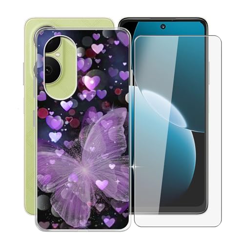 KJYFOANI Hülle für Huawei Enjoy 80 (6.67") + 1 Stück Gehärtetem Glas Schutzfolie, Transparent Weiche Silikon TPU Schutzhülle - Kratzfest Handyhülle für Huawei Enjoy 80 - Lila Schmetterling von KJYFOANI