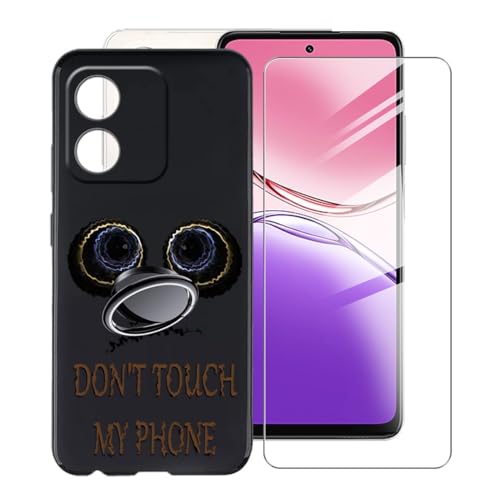 KJYFOANI Hülle für Oppo A5x (6.67") Handyhülle+1 Stück Schutzglas Gehärteter Film,Schwarz Weiche Silikon Schutzhülle mit Handy-Ringhalter Hülle - Don't Touch von KJYFOANI
