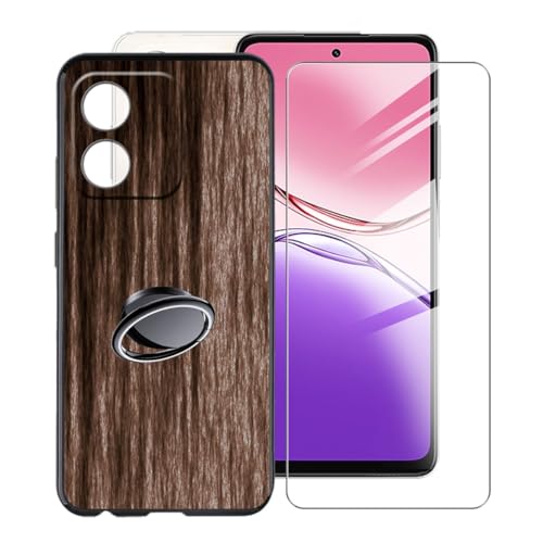 KJYFOANI Hülle für Oppo A5x (6.67") Handyhülle+1 Stück Schutzglas Gehärteter Film,Schwarz Weiche Silikon Schutzhülle mit Handy-Ringhalter Hülle - Holzstil von KJYFOANI
