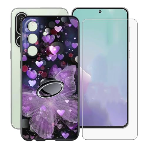 KJYFOANI Hülle für Samsung Galaxy M56 (6.73") Handyhülle+1 Stück Schutzglas Gehärteter Film,Schwarz Weiche Silikon Schutzhülle mit Handy-Ringhalter Hülle - Lila Schmetterling von KJYFOANI