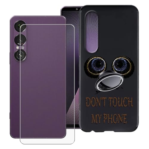 KJYFOANI Hülle für Sony Xperia 1 VII (6.50") Handyhülle+1 Stück Schutzglas Gehärteter Film,Schwarz Weiche Silikon Schutzhülle mit Handy-Ringhalter Hülle - Don't Touch von KJYFOANI