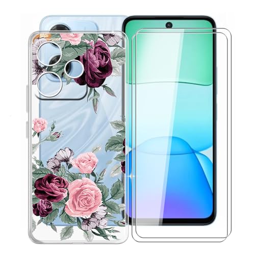 KJYFOANI Hülle für Xiaomi Redmi 13x (6.79") + 2 Stück Gehärtetem Glas Schutzfolie, Transparent Weiche Silikon TPU Schutzhülle - Kratzfest Handyhülle für Xiaomi Redmi 13x - Rosenblume von KJYFOANI