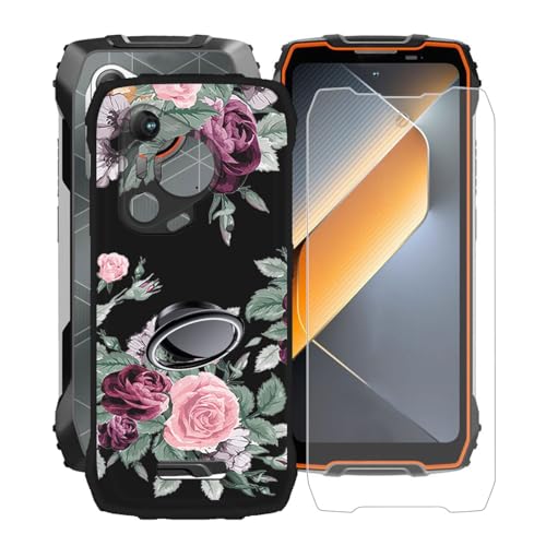 KJYFOANI für Blackview BL7000 (6.78") Handyhülle+1 Stück Schutzglas Gehärteter Film,Schwarz Weiche Silikon Schutzhülle mit Handy-Ringhalter, für Blackview BL7000 Hülle - Rosenblüte von KJYFOANI