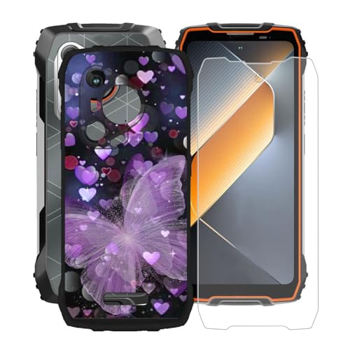 KJYFOANI für Blackview BL7000 Hülle und 1 Stück Gehärtetem Glasfolie, Schwarz Weich Silikon Case Ultra Dünn Stoßfest Anti-Kratzer Handyhülle für Blackview BL7000 (6.78") - Lila Schmetterling von KJYFOANI