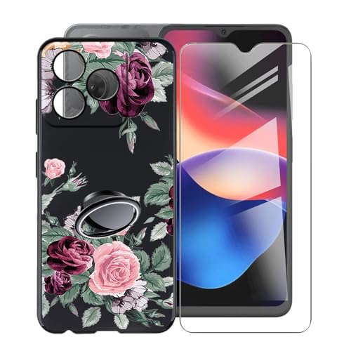 KJYFOANI für Blackview Oscal Flat 2C (6.56") Handyhülle+1 Stück Schutzglas Gehärteter Film,Schwarz Weiche Silikon Schutzhülle mit Handy-Ringhalter, für Blackview Oscal Flat 2C Hülle - Rosenblüte von KJYFOANI