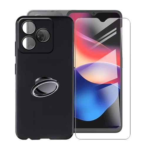 KJYFOANI für Blackview Oscal Flat 2C (6.56") Handyhülle+1 Stück Schutzglas Gehärteter Film,Schwarz Weiche Silikon Schutzhülle mit Handy-Ringhalter, für Blackview Oscal Flat 2C Hülle - Schwarz von KJYFOANI