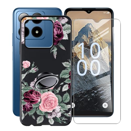 KJYFOANI für Boost Summit 5G (6.60") Handyhülle+1 Stück Schutzglas Gehärteter Film,Schwarz Weiche Silikon Schutzhülle mit Handy-Ringhalter, für Boost Summit 5G Hülle - Rosenblüte von KJYFOANI