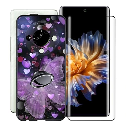 KJYFOANI für Fossibot S3 Pro (6.67") Handyhülle+1 Stück Schutzglas Gehärteter Film,Schwarz Weiche Silikon Schutzhülle mit Handy-Ringhalter, für Fossibot S3 Pro Hülle - Lila Schmetterling von KJYFOANI