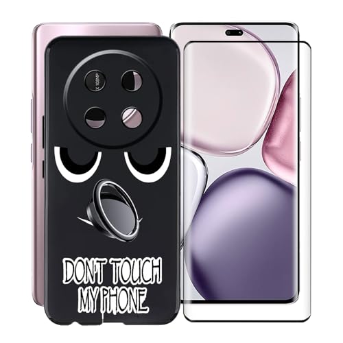 KJYFOANI für Honor Magic7 Lite (6.78") Handyhülle+1 Stück Schutzglas Gehärteter Film,Schwarz Weiche Silikon Stoßfest Schutzhülle mit Handy-Ringhalter, für Honor Magic7 Lite Hülle - DU06 von KJYFOANI