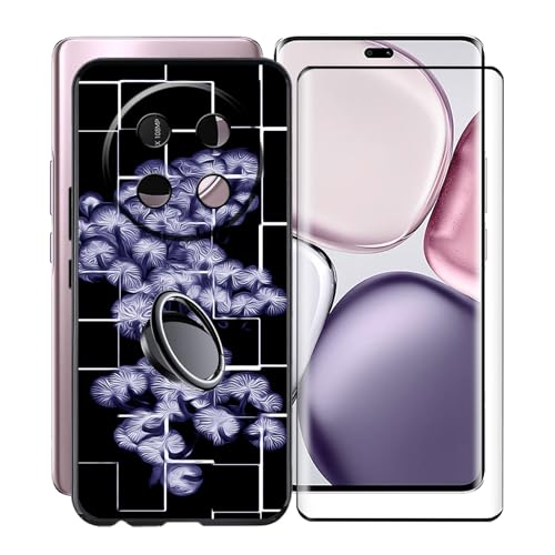 KJYFOANI für Honor Magic7 Lite (6.78") Handyhülle+1 Stück Schutzglas Gehärteter Film,Schwarz Weiche Silikon Stoßfest Schutzhülle mit Handy-Ringhalter, für Honor Magic7 Lite Hülle - XT19 von KJYFOANI
