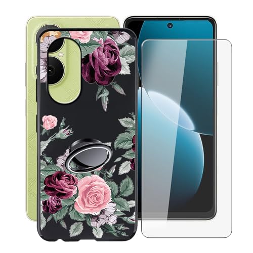 KJYFOANI für Huawei Enjoy 80 (6.67") Handyhülle+1 Stück Schutzglas Gehärteter Film,Schwarz Weiche Silikon Schutzhülle mit Handy-Ringhalter, für Huawei Enjoy 80 Hülle - Rosenblüte von KJYFOANI