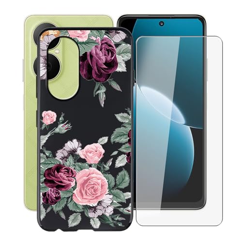 KJYFOANI für Huawei Enjoy 80 Handyhülle und 1 Stück Schutzglas Gehärteter Film,Ultra Dünn Weiche Silikon Stoßfest Schutzhülle,Schwarz Hülle für Huawei Enjoy 80 (6.67") - Rosenblüte von KJYFOANI
