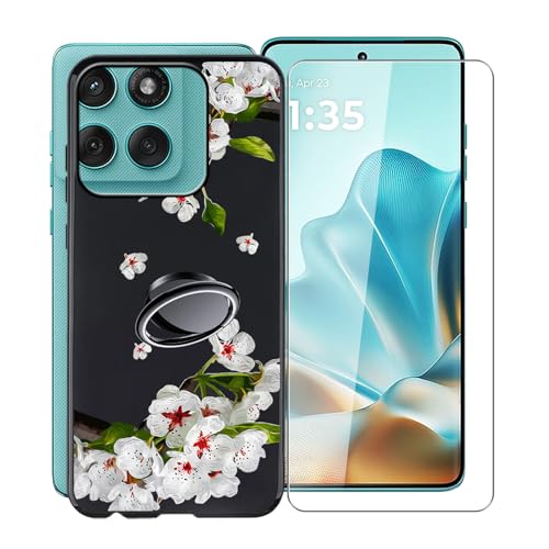 KJYFOANI für Motorola Edge 60 Fusion (6.70") Handyhülle+1 Stück Schutzglas Gehärteter Film,Schwarz Weiche Silikon Schutzhülle mit Handy-Ringhalter, für Motorola Edge 60 Fusion Hülle - Birnenblüte von KJYFOANI