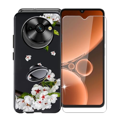 KJYFOANI für Oukitel C59 Pro (6.88") Handyhülle+1 Stück Schutzglas Gehärteter Film,Schwarz Weiche Silikon Stoßfest Schutzhülle mit Handy-Ringhalter, für Oukitel C59 Pro Hülle - Birnenblüte von KJYFOANI