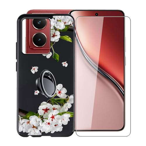 KJYFOANI für Realme P3 Ultra (6.83") Handyhülle+1 Stück Schutzglas Gehärteter Film,Schwarz Weiche Silikon Stoßfest Schutzhülle mit Handy-Ringhalter, für Realme P3 Ultra Hülle - Birnenblüte von KJYFOANI