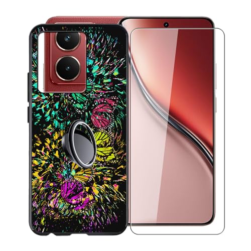 KJYFOANI für Realme P3 Ultra (6.83") Handyhülle+1 Stück Schutzglas Gehärteter Film,Schwarz Weiche Silikon Stoßfest Schutzhülle mit Handy-Ringhalter, für Realme P3 Ultra Hülle - XV52 von KJYFOANI