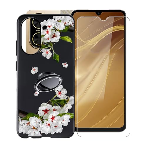 KJYFOANI für Xiaomi Poco C71 (6.88") Handyhülle+1 Stück Schutzglas Gehärteter Film,Schwarz Weiche Silikon Stoßfest Schutzhülle mit Handy-Ringhalter, für Xiaomi Poco C71 Hülle - Birnenblüte von KJYFOANI