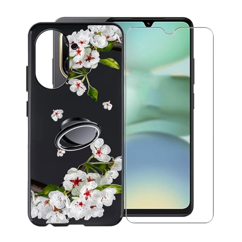 KJYFOANI für Xiaomi Redmi A5 4G (6.88") Handyhülle+1 Stück Schutzglas Gehärteter Film,Schwarz Weiche Silikon Stoßfest Schutzhülle mit Handy-Ringhalter, für Xiaomi Redmi A5 4G Hülle - Birnenblüte von KJYFOANI