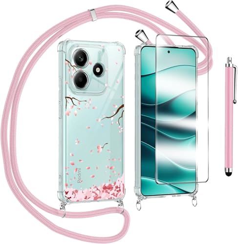 Handykette Kompatibel mit Xiaomi Redmi Note 14 4G(Ohne 5G) Hülle mit Displayschutzfolie Schutzfolie, Necklace Handyhülle mit Abnehmbar Kordel zum Umhängen Silikon Case Schutzhülle mit Band klar, Rosa von KJYLPO